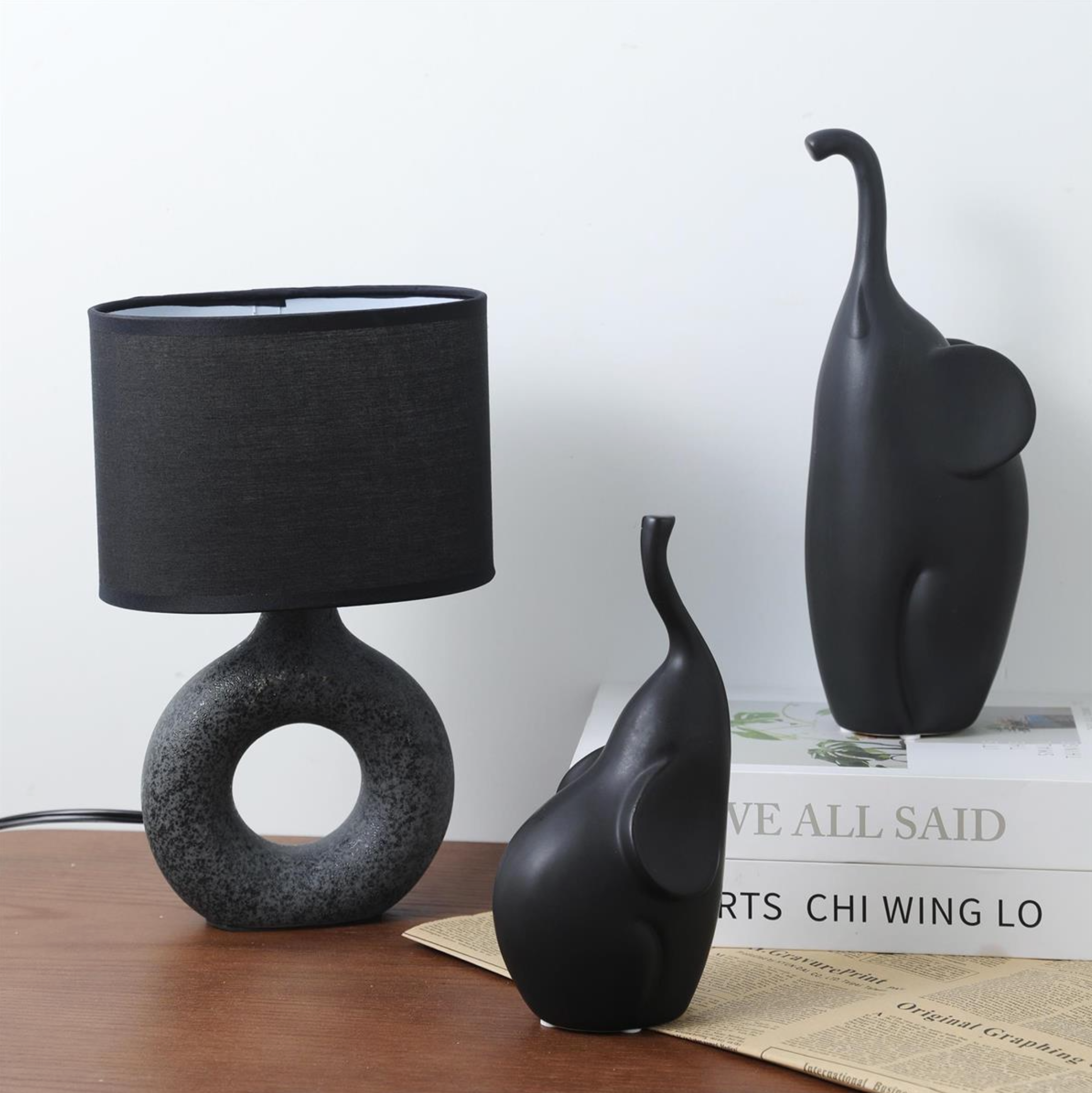 Ceramic Elephant Figurine Black Matte