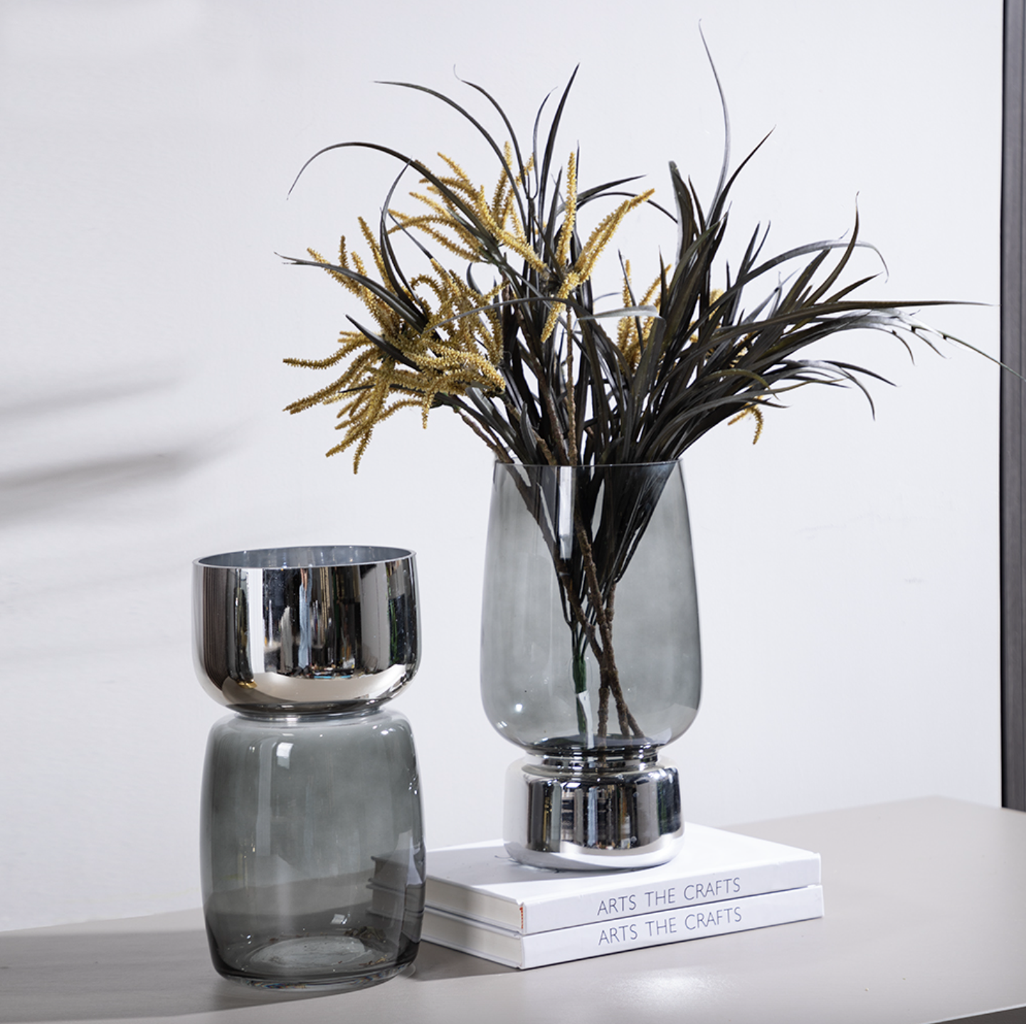 Glass Flower Vase Silver Chrome Set